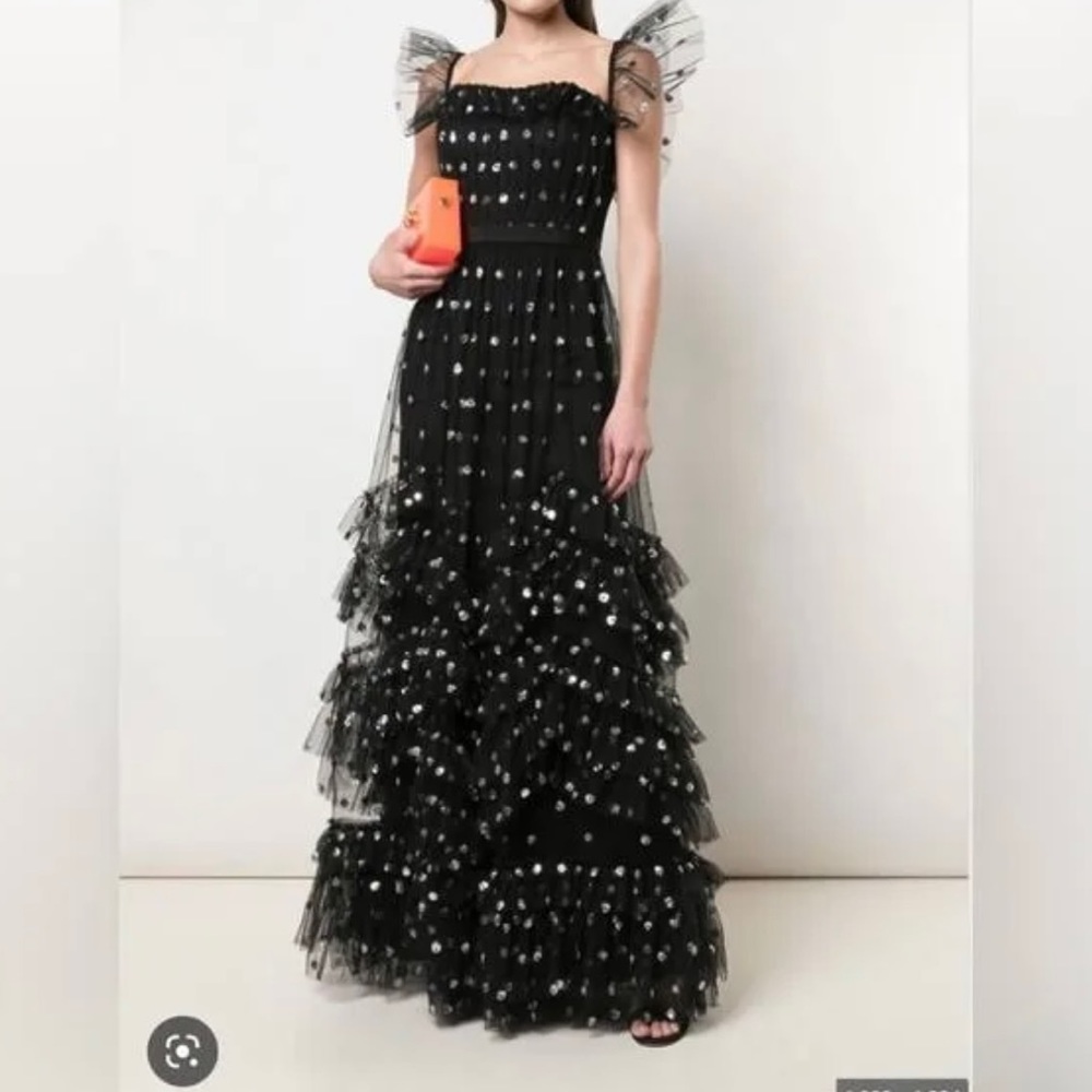 Notte Marchesa embellished off the shoulder tiered gown in black/ gold